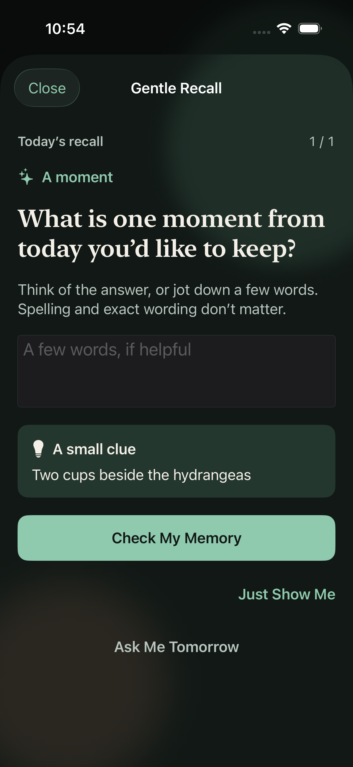 Memoritual’s current gentle recall screen with an optional clue