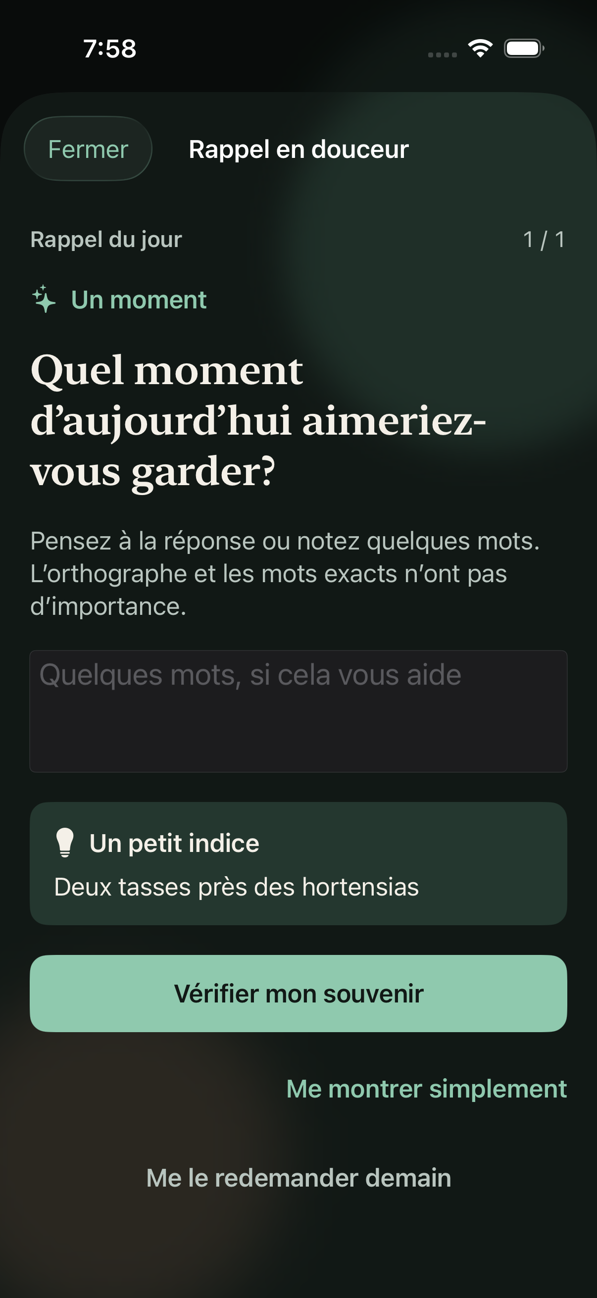 Écran actuel de rappel en douceur de Memoritual avec un indice facultatif