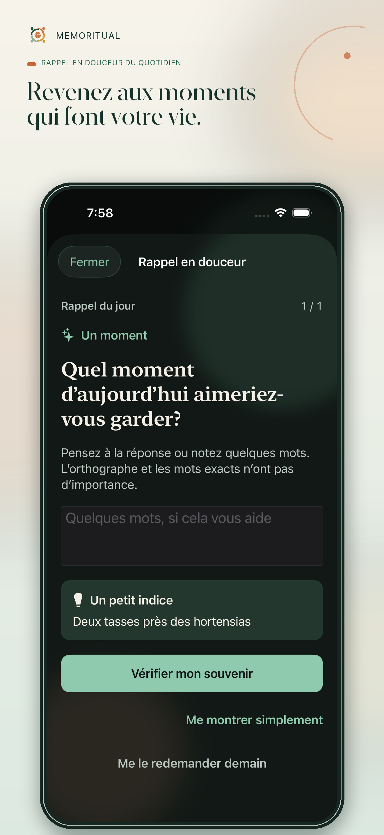 Écran de rappel en douceur de Memoritual avec un indice facultatif