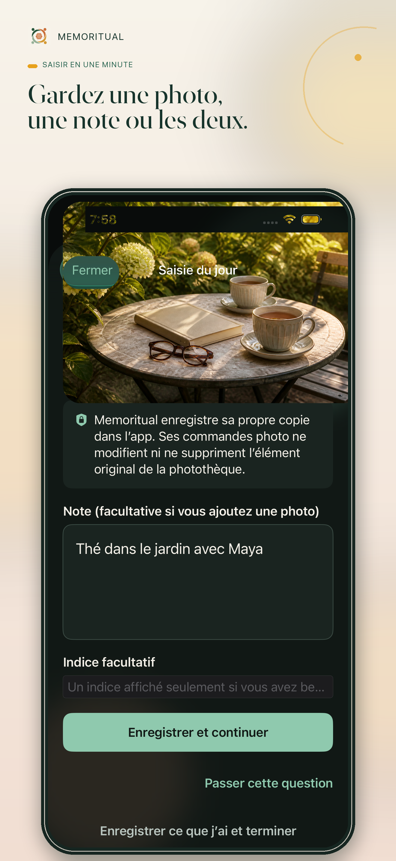Écran de saisie Memoritual avec une photo de thé au jardin et une note facultative
