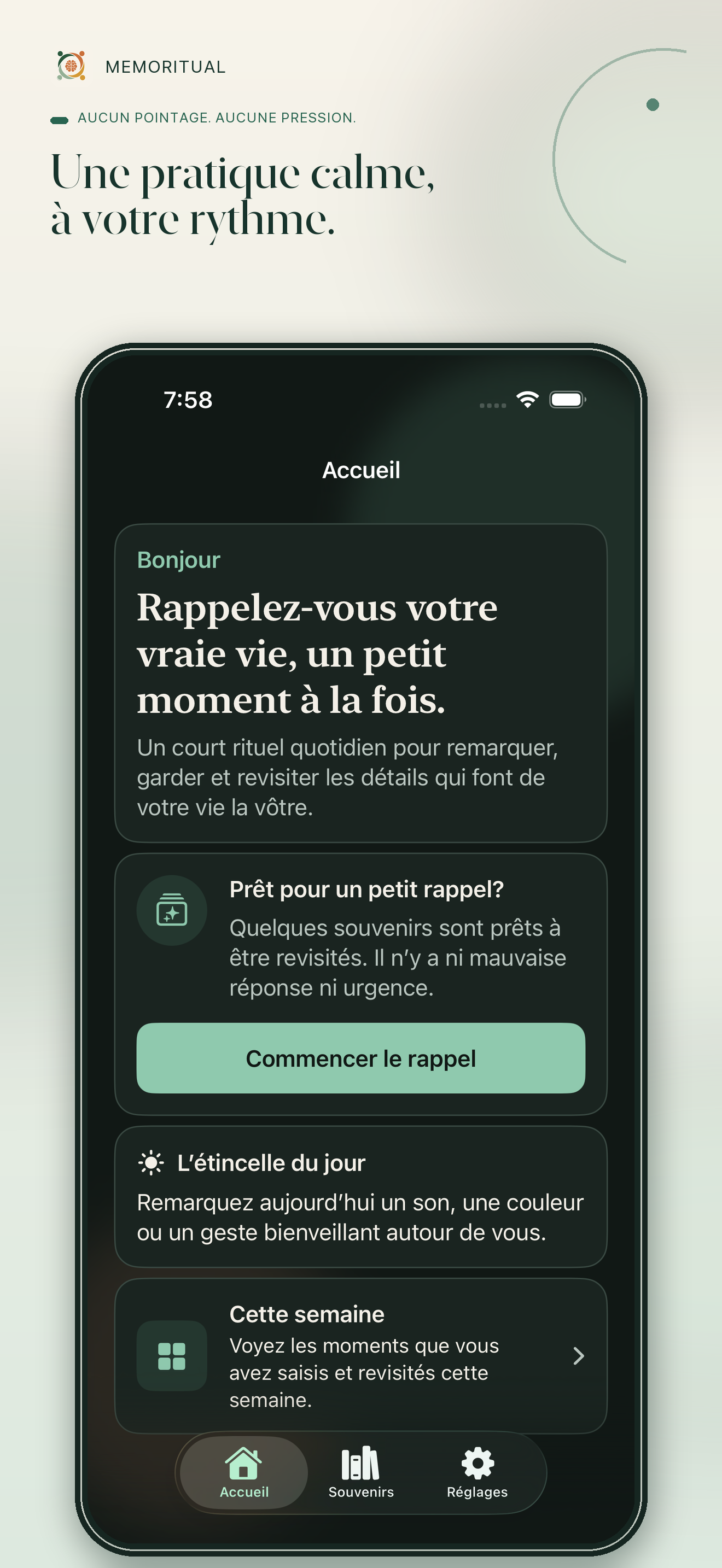 Écran d’accueil Memoritual présentant une pratique quotidienne calme