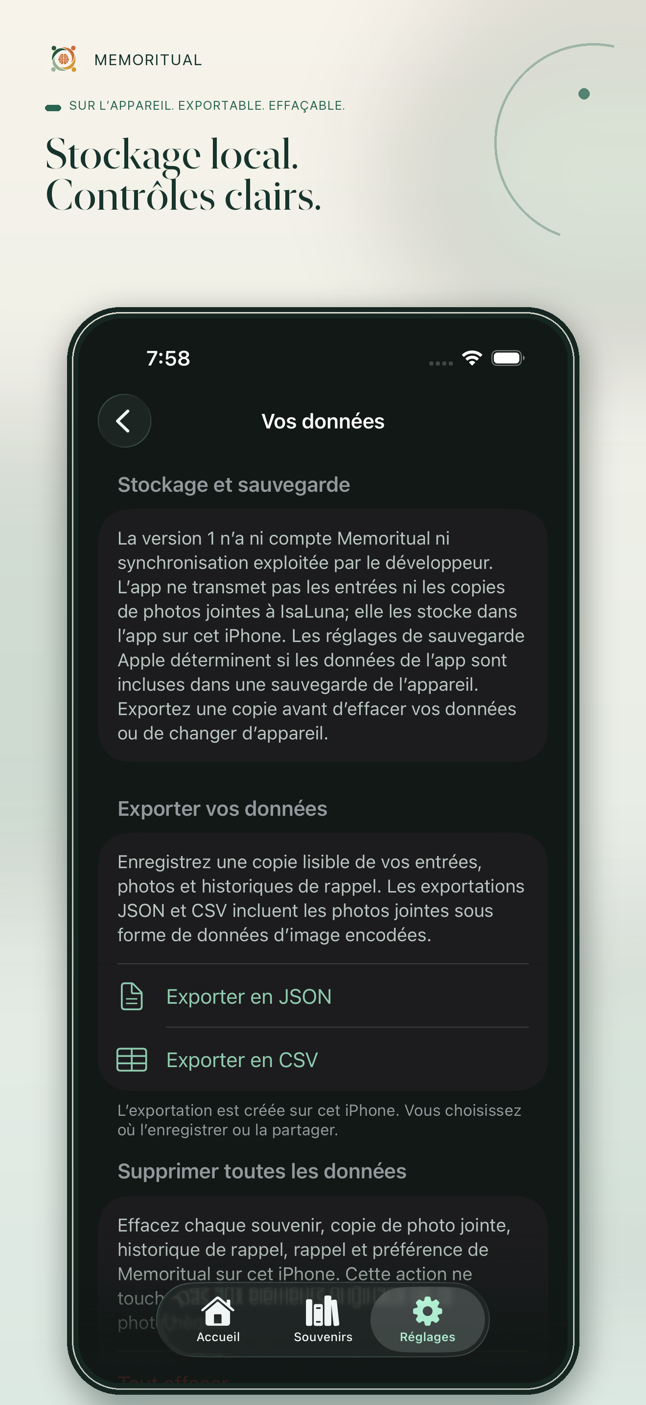 Écran de données Memoritual avec commandes de stockage local, d’exportation et de suppression