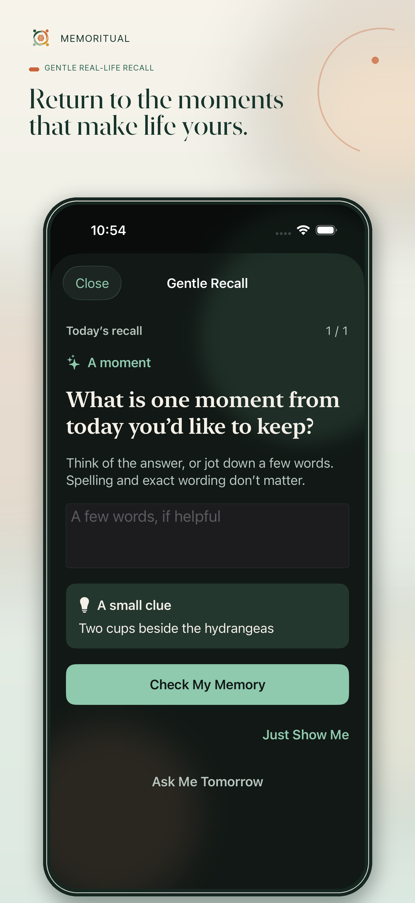 Memoritual gentle recall screen with an optional clue