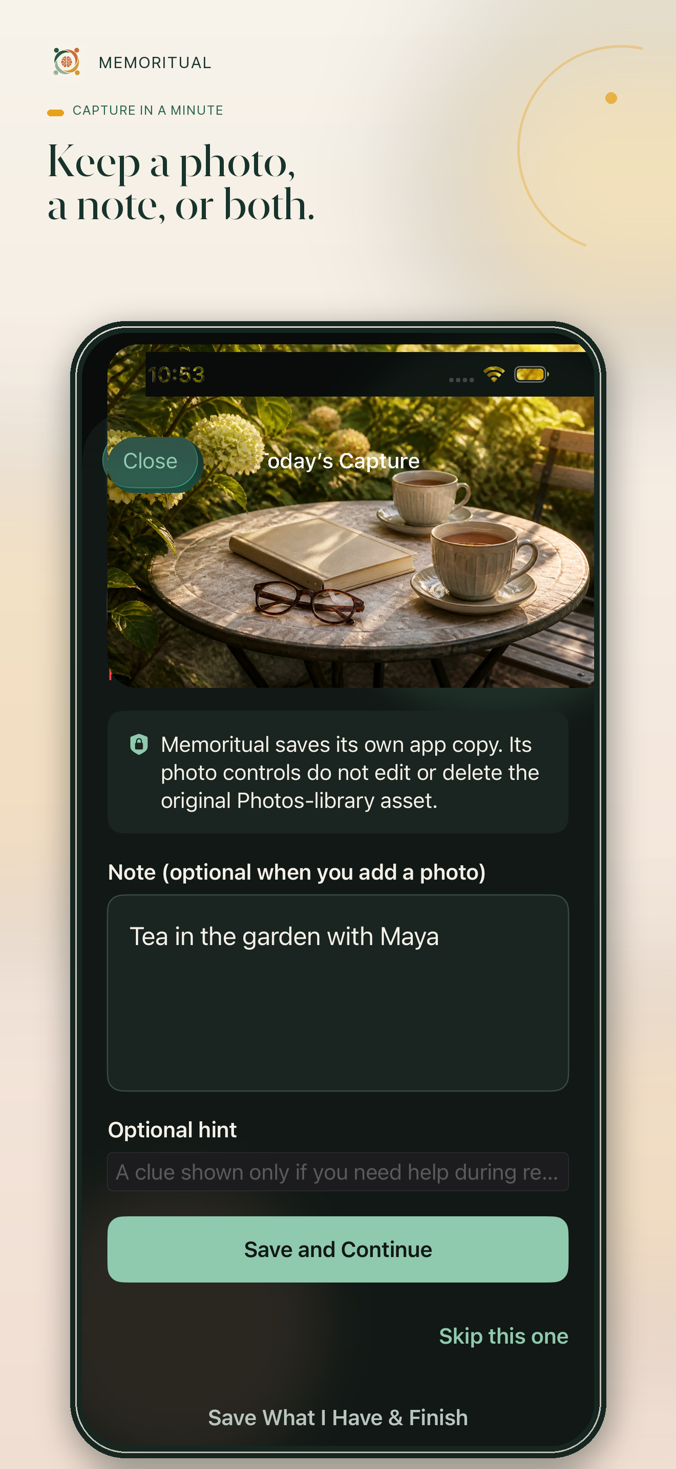 Memoritual capture screen with a garden tea photograph and optional note