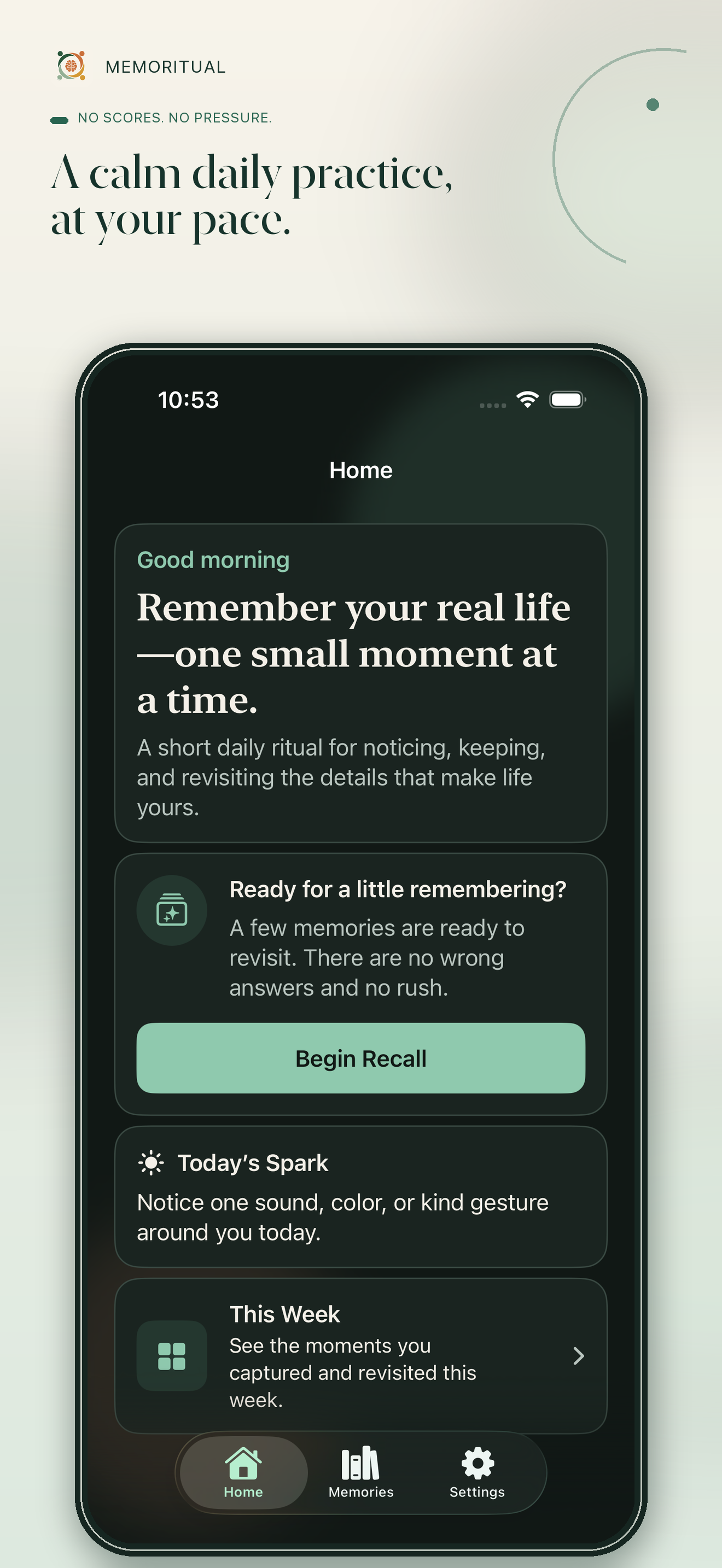 Memoritual home screen showing a calm daily practice