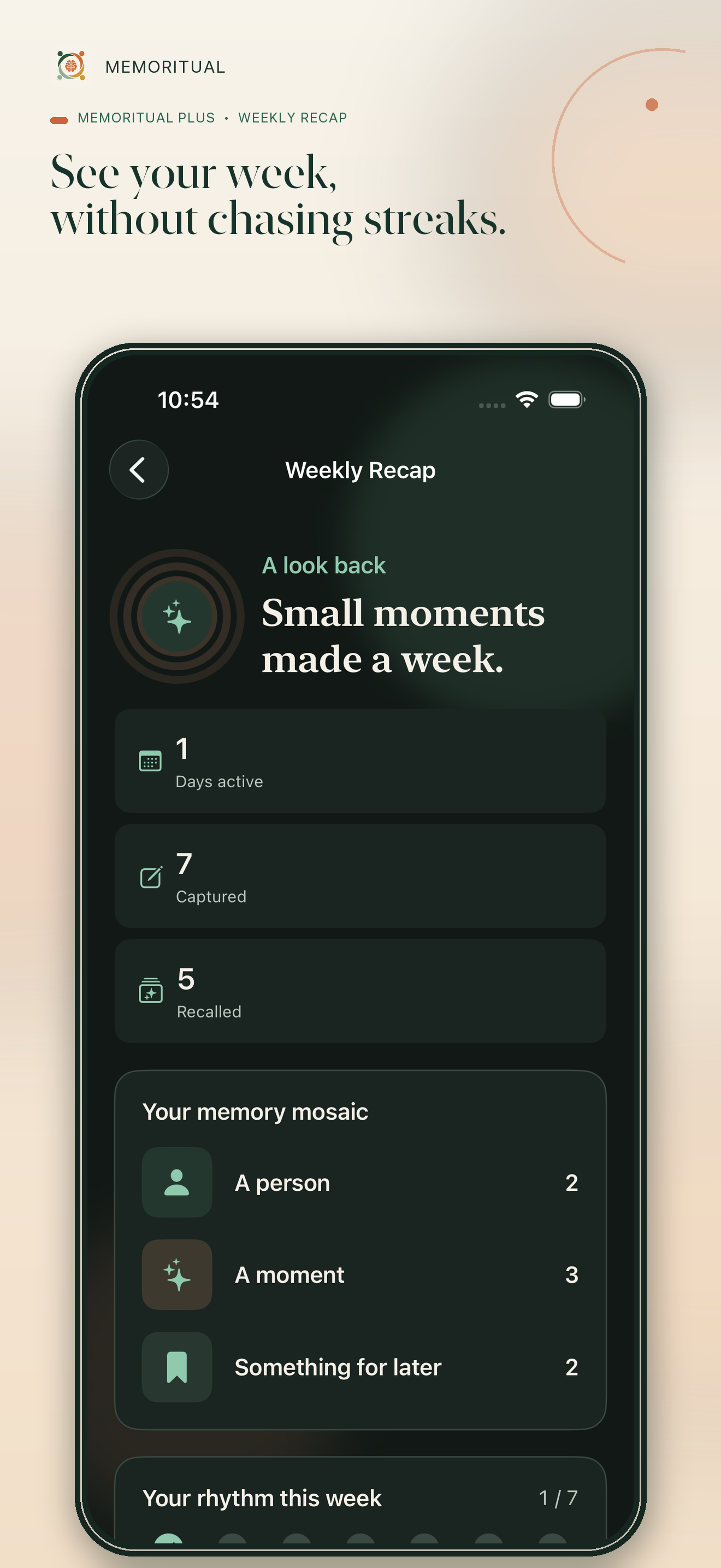 Memoritual Plus weekly recap with a seven-day memory mosaic