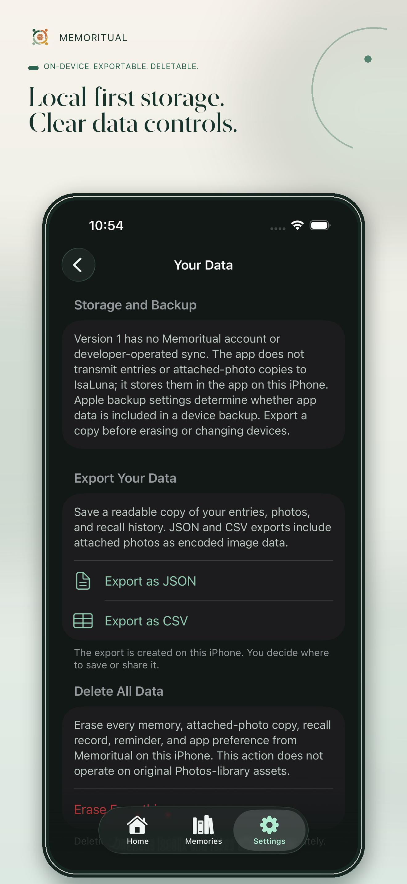 Memoritual data screen with local storage, export, and deletion controls